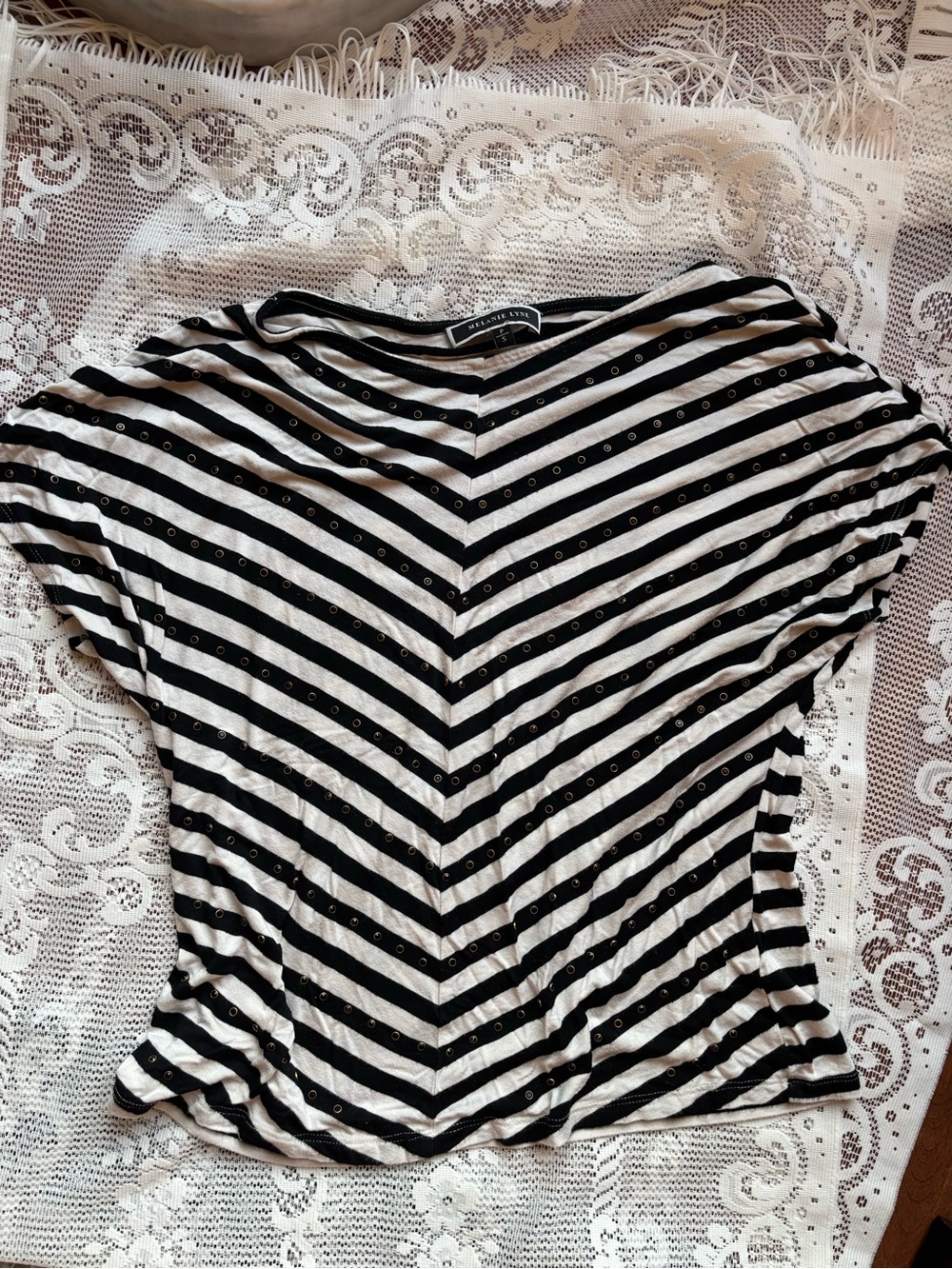 Black & White Striped Short Sleeve Tee with Eyelet Detail
